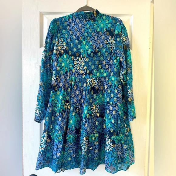 NWT STS Sail to Sable Floral Silk Teal, Blue anf Gold Metallic Dress size Medium - Picture 2 of 10